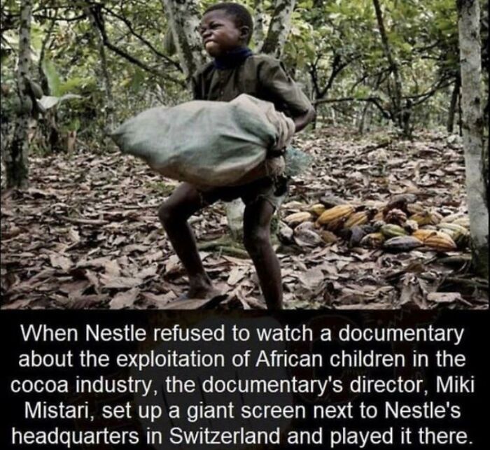 Child carrying heavy sack in forest, illustrating chaotic good actions exposing exploitation in the cocoa industry.