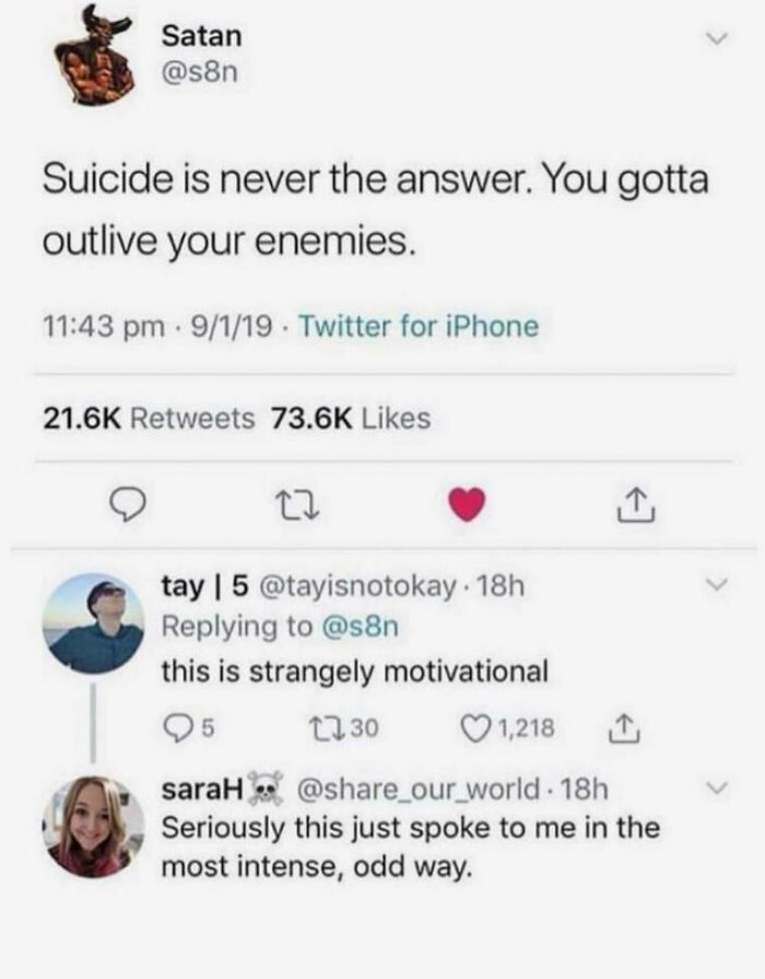 Screenshot of a chaotic good tweet saying s*****e is not the answer with motivational replies on social media.