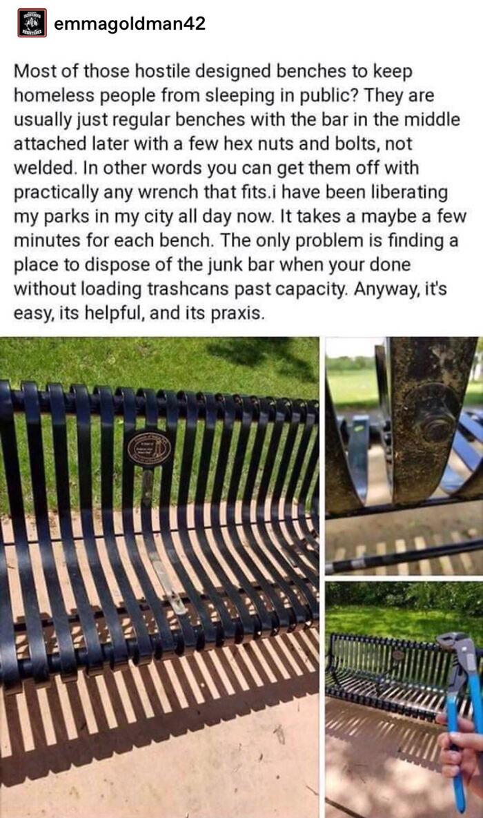 Hostile bench design modified by removing bars to allow homeless people to sleep, showcasing chaotic good actions in public parks.