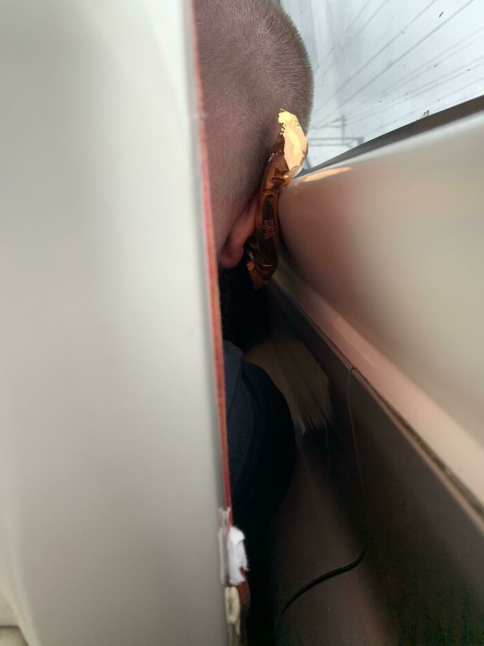 The Man Sitting In Front Of Me On The Train Is Using A Twix As A Pillow