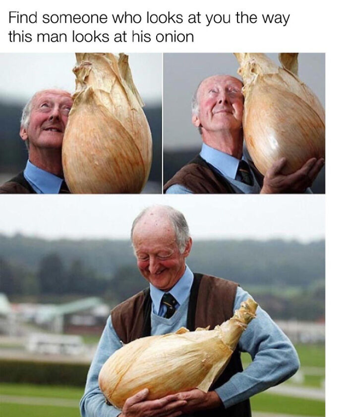 Elderly man smiling and admiring an enormous onion, a perfect example of absolute units spotted and shared online.
