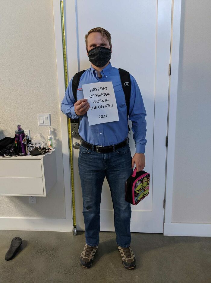 A Picture To Commemorate My Husband's First Day Of His Office Reopening. They Grow Up So Fast