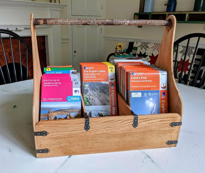 Wife Was Mad With My Maps Being Everywhere So I Made A Map "Tool Box" Antique White Oak , With Some Reclaimed Iron Railing As The Handle.. I Love A Map!