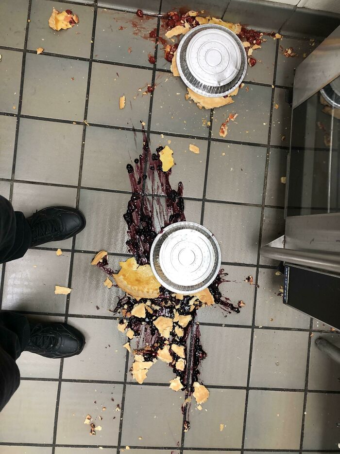 Dropped Two Pies On The Floor As They Were Coming Out Of The Oven