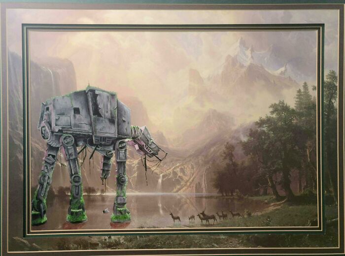 My Husband Found A Thrifted Landscape That Matched His Computer Background. It Just Needed An At-At