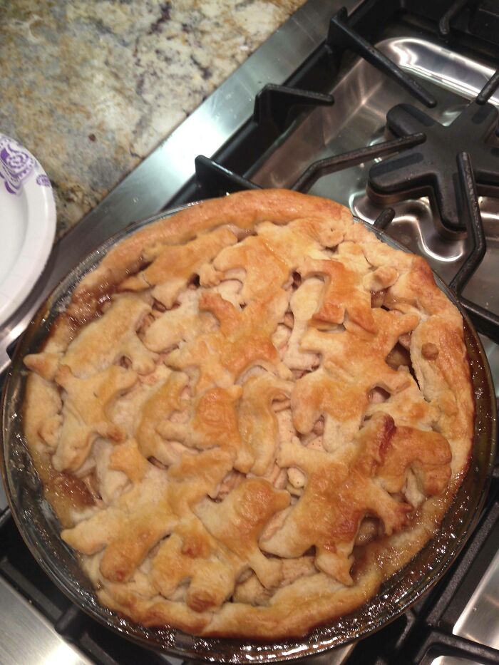 We Tried Using Pilgrim And Indian Cookie Cutters To Make The Pie Top For Thanksgiving And It Came Out Looking A Little "Holocausty"