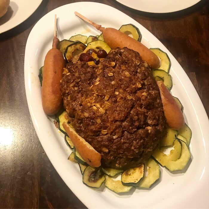 Got Snowed In So We Had To Work With What We Had. I Present Meatloaf “Turkey”, Complete With Little Smokie Stuffing. Happy Thanksgiving Y’all