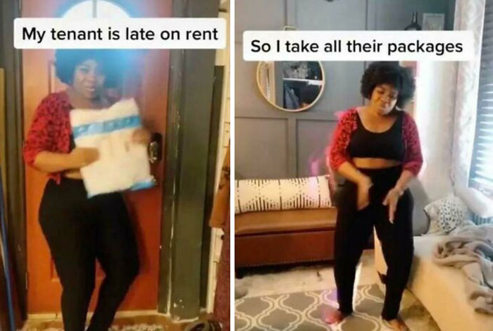 Woman posing with packages and dancing indoors, illustrating landlord and tenant issues in an online group shaming greedy landlords.