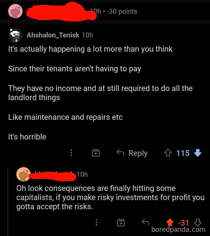 Reddit comments discussing the challenges landlords face with non-paying tenants and the risks of rental investments.