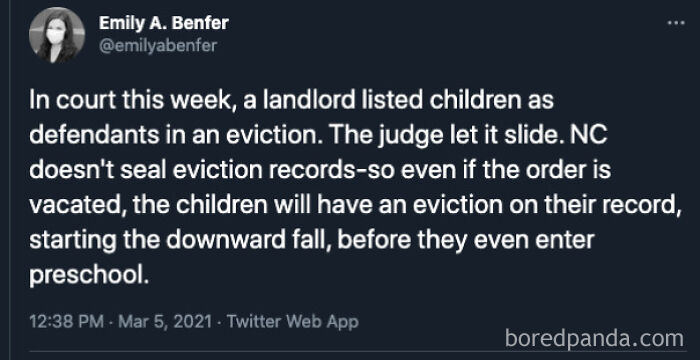 Screenshot of a tweet highlighting a landlord listing children as defendants in an eviction, from an online group shaming greedy landlords.