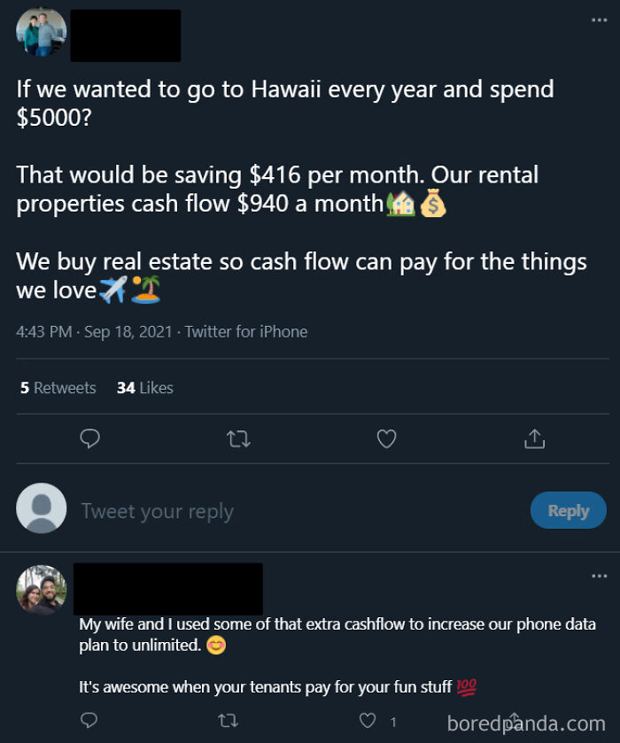 Screenshot of tweets discussing rental property cash flow and landlord income in an online group shaming greedy and delusional landlords.