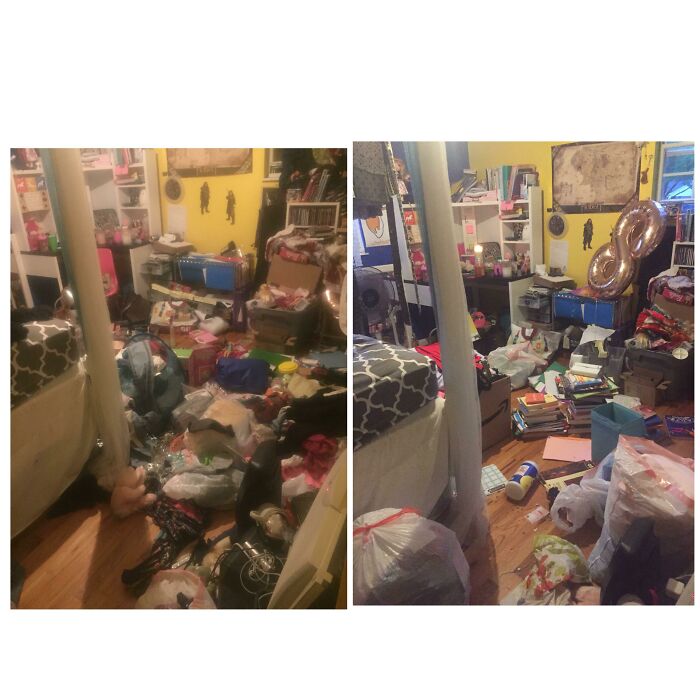 Side-by-side before and after pics showing a cluttered bedroom cleaned up with organized items and fewer messes.