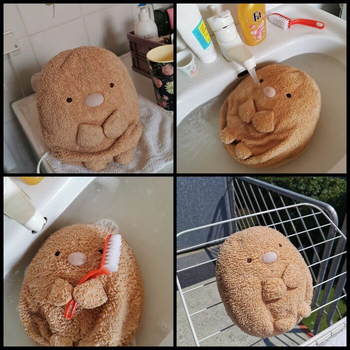 Before and after pics of cleaning a plush toy, showing washing, scrubbing, and drying in natural sunlight.