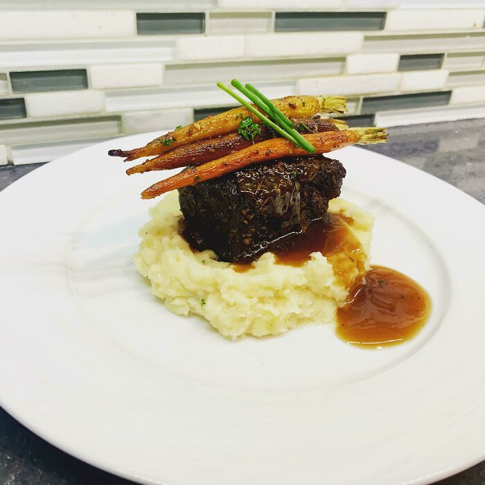 I Made Garlic Herb Mash, Smoked Short Rib, Stout Reduction And Roasted Carrots
