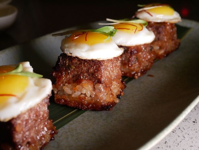 Wagyu, Rice Cake, Quail Egg, Miso Soy