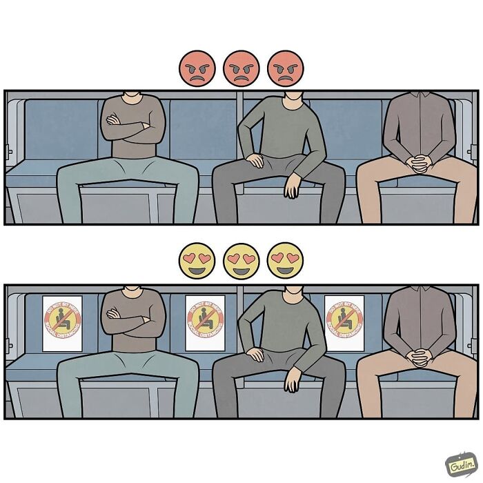 Sarcastic comic by Gudim showing different reactions to social distancing signs on a bench with changing emoji expressions.
