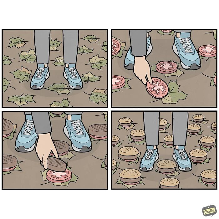 Sarcastic comic by Gudim showing a person stepping on leaves that turn into scattered burger ingredients on the ground.