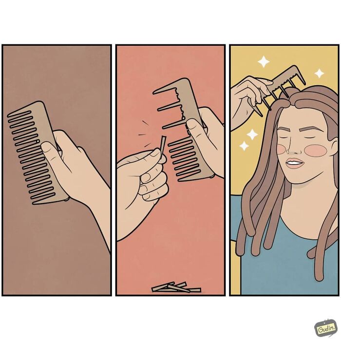 Sarcastic comic panels showing a broken comb piece transformed into hair dreadlocks, highlighting clever visual humor.