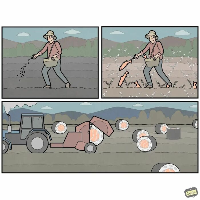 Sarcastic comic by Gudim showing a farmer scattering fish seeds that turn into sushi rolls on a field.