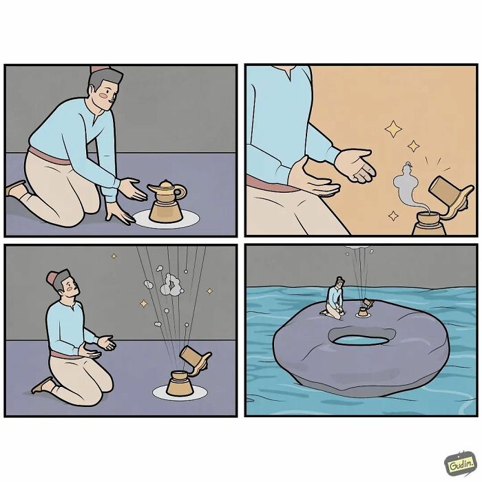 Sarcastic comic by Gudim showing a man interacting with a teapot emitting smoke, ending on a water raft scene.