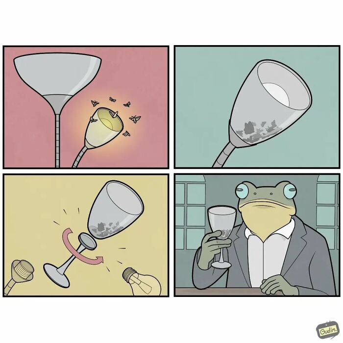 Sarcastic comic panels showing a frog in a suit holding a lightbulb glass after insects are attracted and trapped inside.