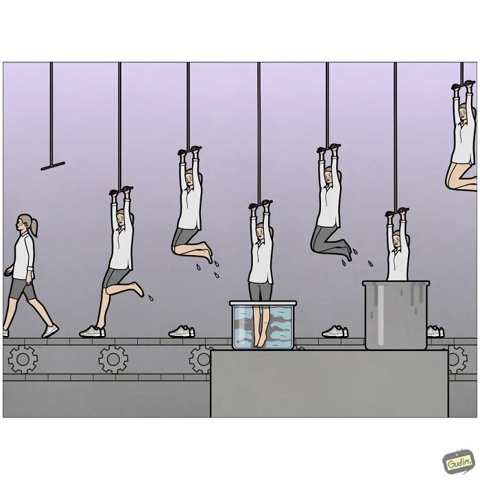 A sarcastic comic showing a man on a conveyor belt ending in different liquid containers, illustrating absurdity.