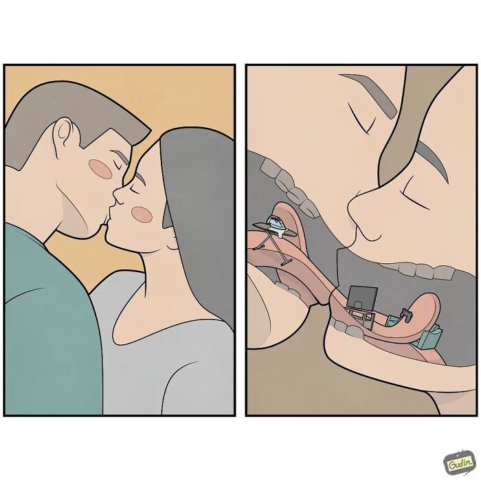 Sarcastic comic by Gudim showing a couple kissing with an inside view of a detailed fictional space inside their mouths.