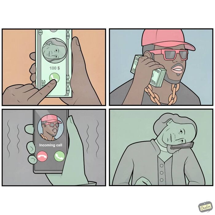 Sarcastic comic panels showing a man using money as a phone and receiving a call in a humorous style by Gudim