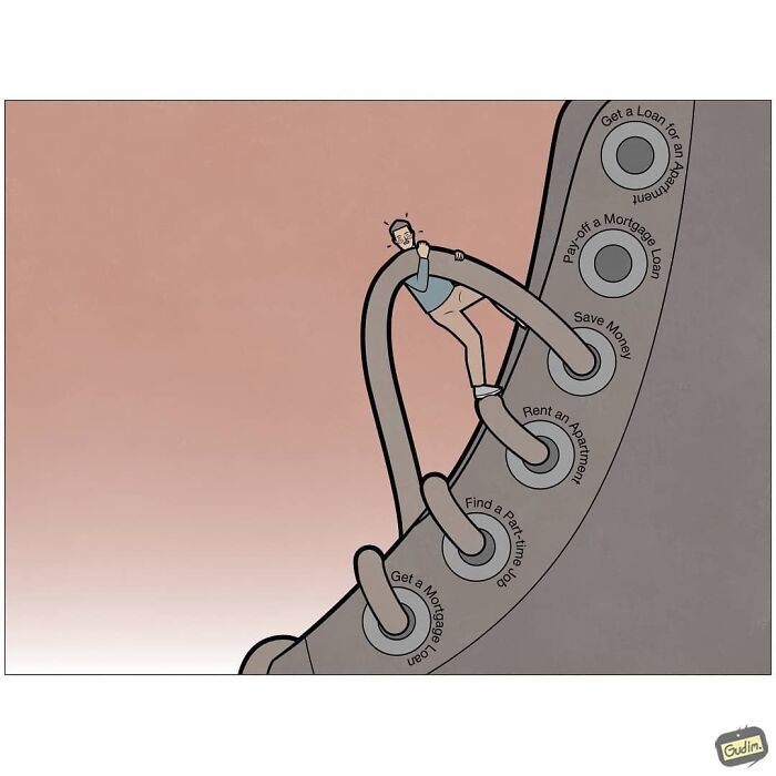 Sarcastic comic by Gudim showing a person struggling to tie shoelaces labeled with financial and life challenges.