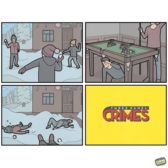Sarcastic comic panels showing a snowball fight and billiards scene with a twist, illustrating dark humor and irony.