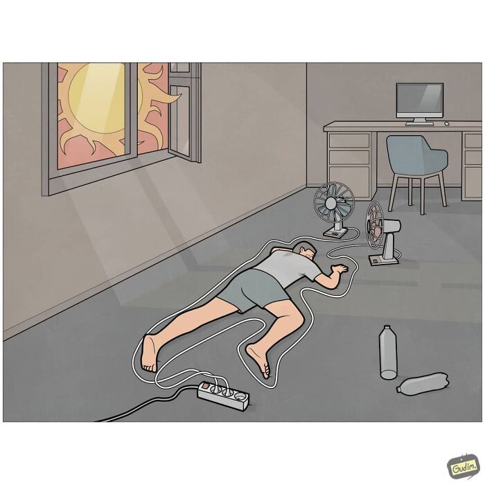 Sarcastic comic by Gudim showing a man exhausted on the floor surrounded by fans and a hot sun outside the window.