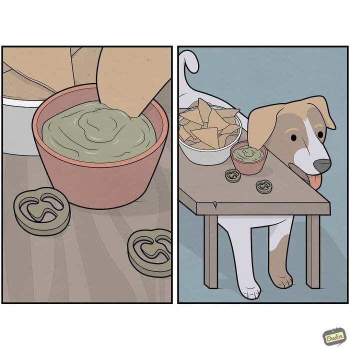 Sarcastic comic showing a dog hiding under a table with snacks and dip on top, creating a humorous scene.