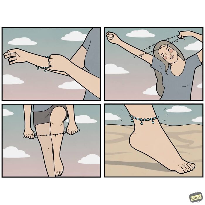 Sarcastic comic shows a woman wearing a bracelet as an anklet in a four-panel Gudim illustration.