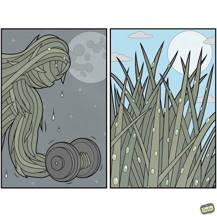 Sarcastic comics by Gudim depicting a tree lifting weights at night and grass covered in dew during the day.