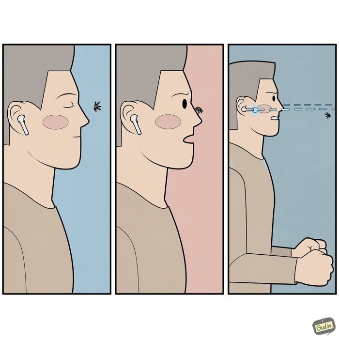 Sarcastic comic by Gudim showing a man reacting to a small spider approaching his face in three panels.
