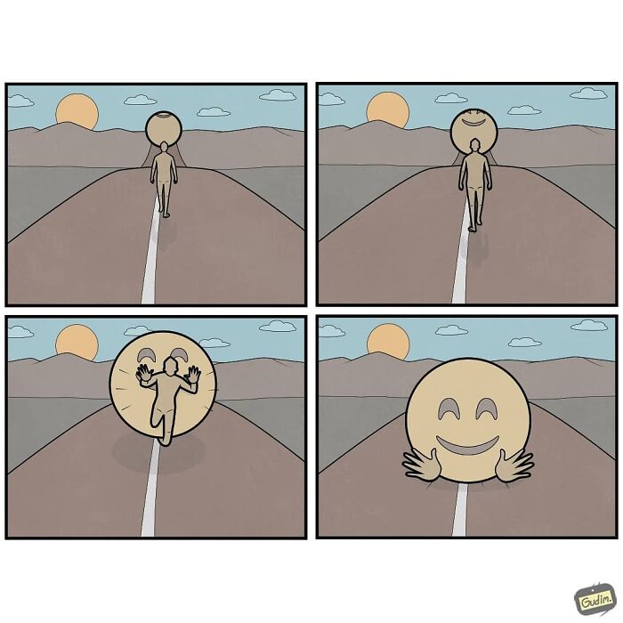 Sarcastic comic by Gudim shows a person approaching and transforming into a large smiling face on a deserted road.