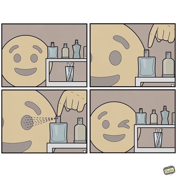 Sarcastic comic panels showing a smiling face spraying perfume with an unexpected and humorous twist by Gudim.