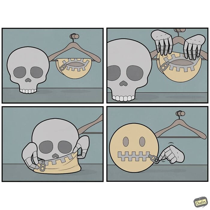Sarcastic comic by Gudim showing a skull unzipping a mask that looks like a zipped mouth emoji.