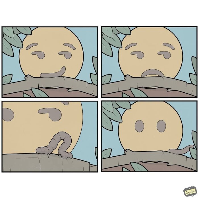 Sarcastic comic showing a round face on a branch reacting to a worm in a simple, minimalist style by Gudim.