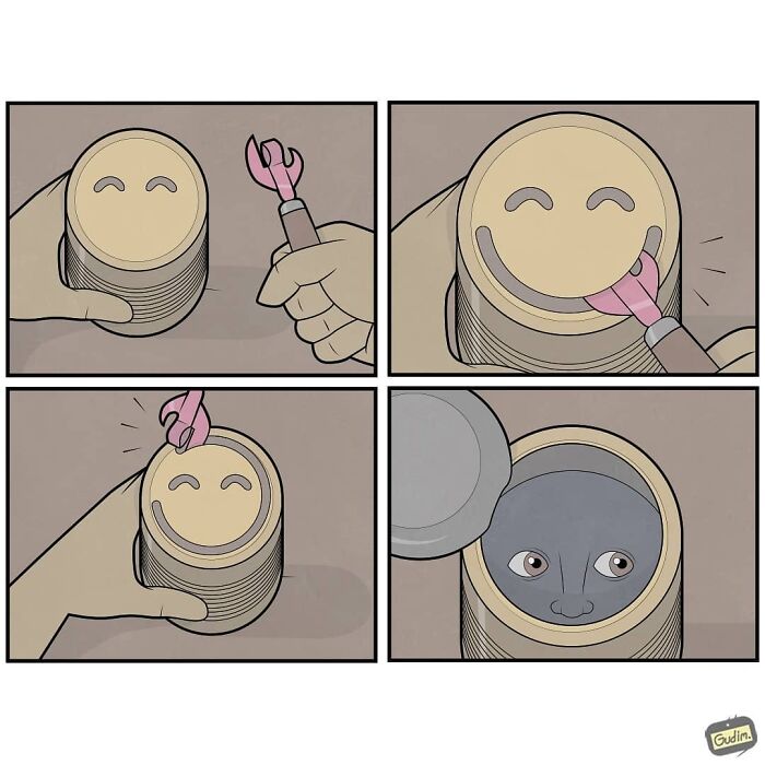 Sarcastic comic panels showing a smiling face mask being removed to reveal a hidden serious face underneath.
