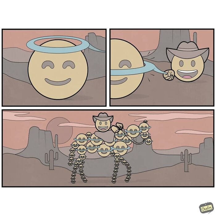 Sarcastic comics showing emoji characters in a surreal Western scene with a cowboy and haloed faces.