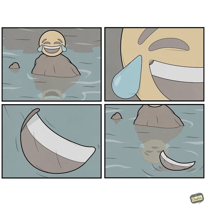Sarcastic comic panels showing a crying laughing emoji with its smile breaking off in water, by Gudim.