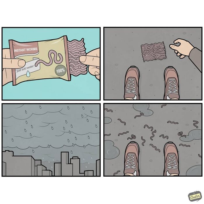 Sarcastic comic panels showing instant worms packet, rain clouds, and worms appearing on the ground by Gudim.