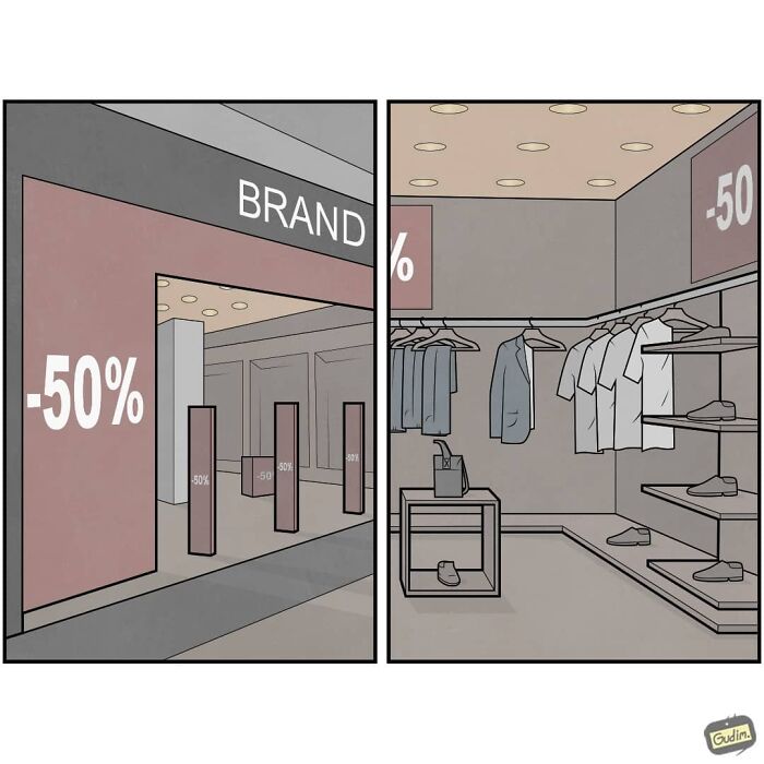 Sarcastic comic by Gudim showing a nearly empty clothing store with 50 percent off sale signs.