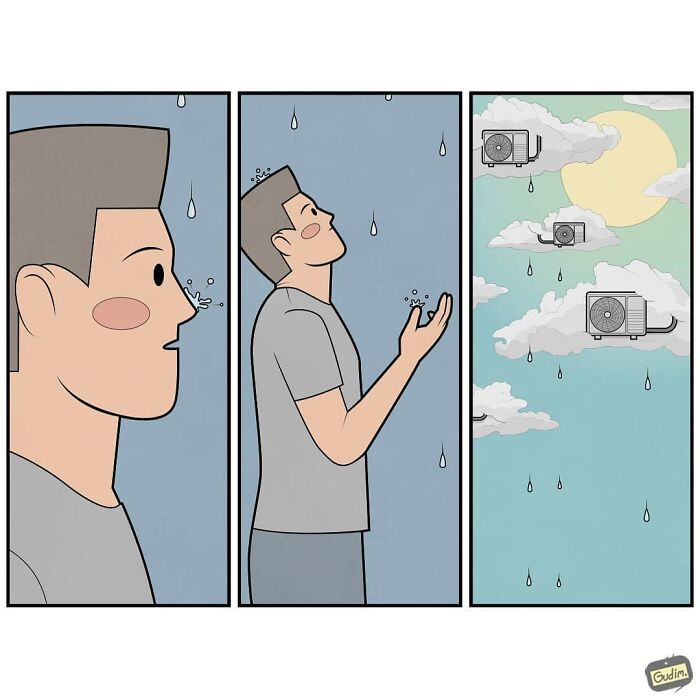 Three-panel sarcastic comic by Gudim showing a man tasting rain drops that are actually coming from air conditioners in the sky.