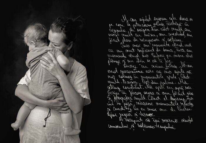 Mother holding her child tightly, expressing raw emotion in a postpartum photography project revealing motherhood's dark side.