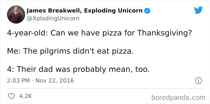 Tweet about a 4-year-old asking for pizza on Thanksgiving, humorously summarizing the holiday.