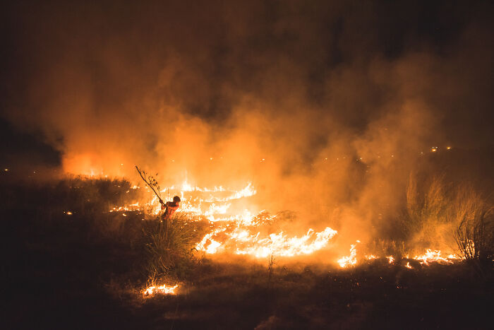 A wildlife firefighter battling intense flames in a wildfire captures a striking environmental photography moment.