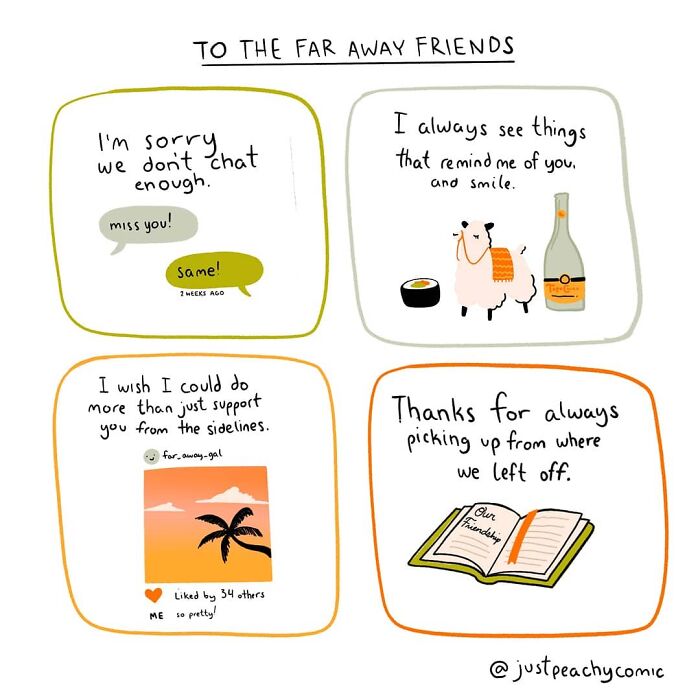 Comic panels about mental health and friendship, showing messages of support and connection for far away friends.