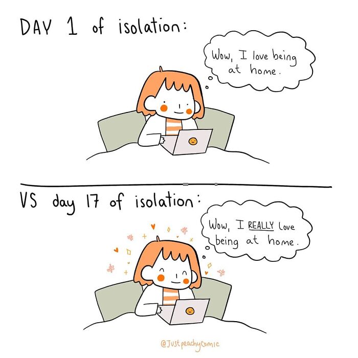 Comic illustration showing a person on day 1 and day 17 of isolation, highlighting relatable mental health moments.